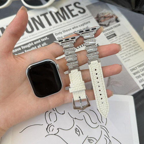 【表带】适用苹果appleS12表带闪钻不规则荔枝纹手表带s10987se