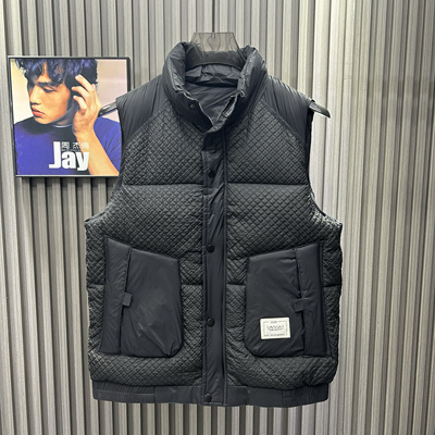 早冬新款男士立领羽绒棉菠萝纹马甲加厚防风保暖机能风背心无袖潮