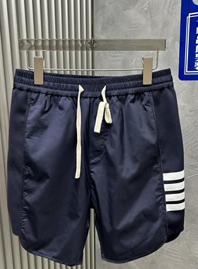 夏季新款拼接短裤五分裤开衩简约修身抽绳欧货透气舒适沙滩裤拼料