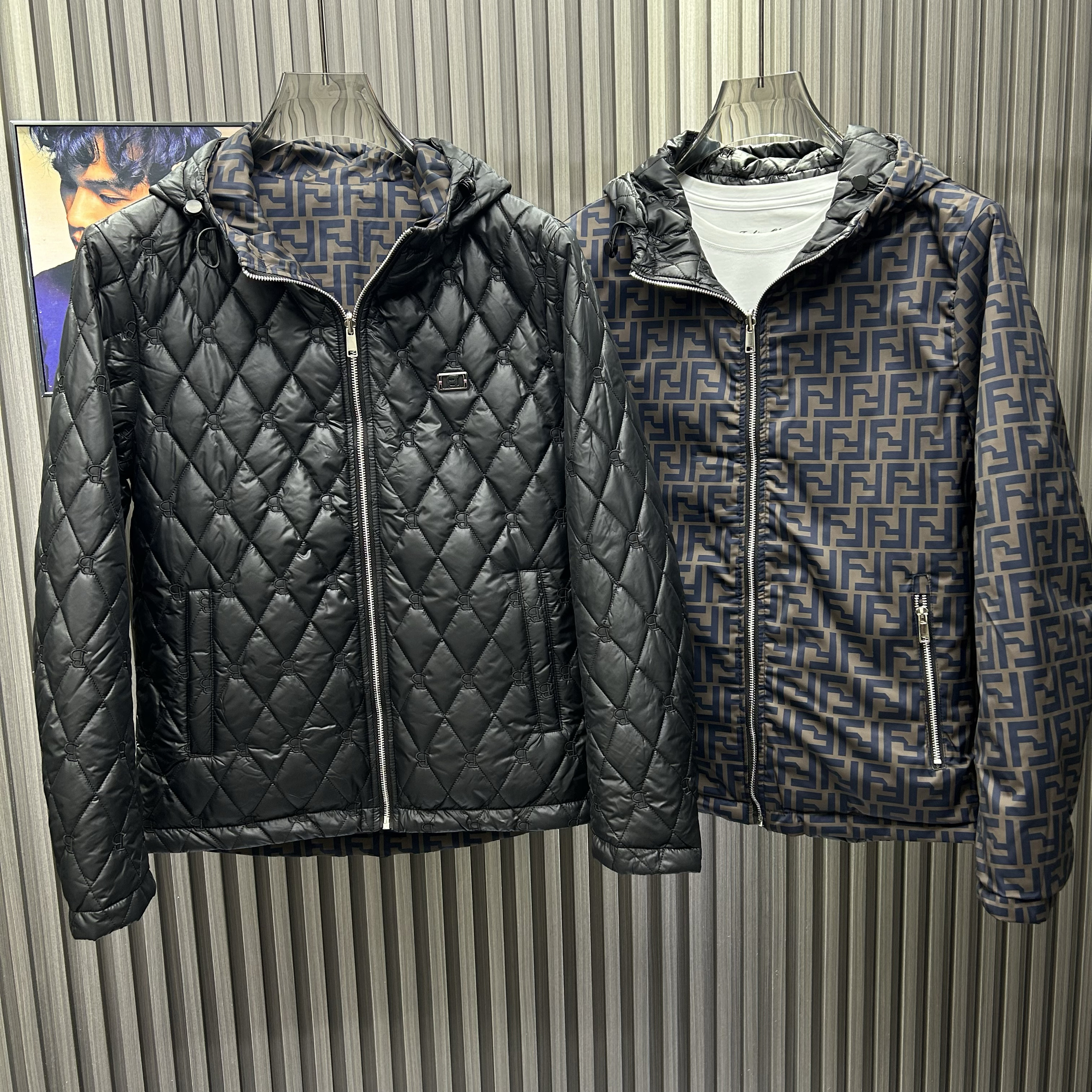欧洲站轻奢秋冬新款连帽立领菱格两面服棉衣休闲修身棉服夹棉外套