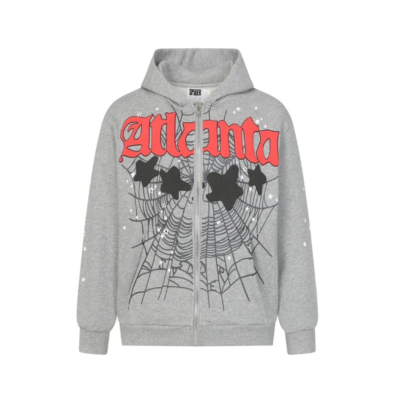 Sp5der 55555发泡印花连帽卫衣男女款灰色蜘蛛网星星拉链开衫外套