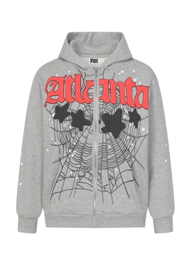 Sp5der 55555发泡印花连帽卫衣男女款灰色蜘蛛网星星拉链开衫外套