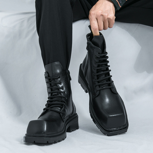 马丁靴男高帮德比鞋方头男鞋子牛仔靴骑行机车靴影楼拍照西部风情
