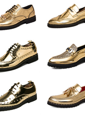 青年夜店DJ潮男网红发型师皮鞋男英伦韩版潮流金色银色男鞋48大码