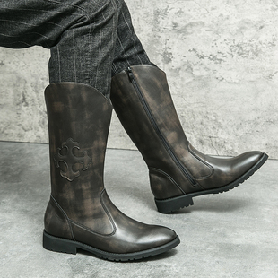 美式西部牛仔靴男款蒙古骑马靴秋冬季高筒靴户外骑行机车靴马丁靴