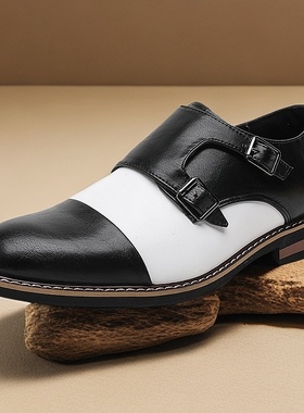 黑白色皮鞋男英伦风商务正装德比鞋影楼拍照新郎婚鞋48大码孟克鞋