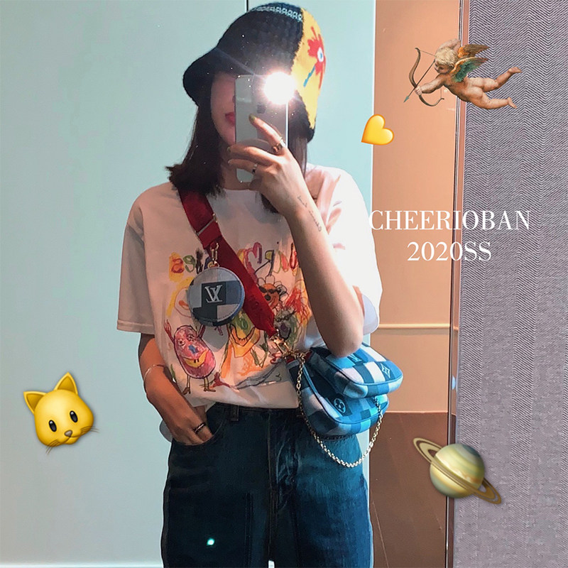 CHEE 2020春夏新款女趣味涂鸦T恤夏季短袖印花打底白色上衣
