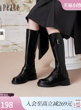 明星同款真美诗24冬季光泽牛皮舒适粗跟机车风骑士靴女YQB92DG4