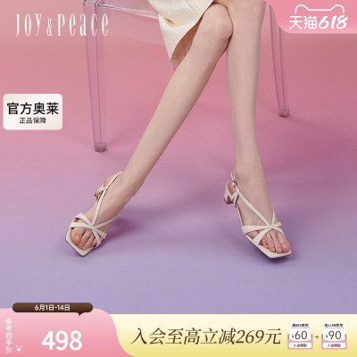 真美诗气质担当2024夏季新款细腻羊皮革交叉V口时装凉鞋YXQ04BL4