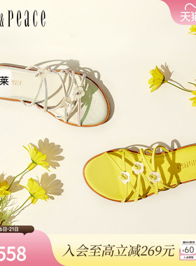 真美诗仲夏之梦2025夏季新款牛皮革时髦花朵扣细带拖鞋女Y1Q02BT5