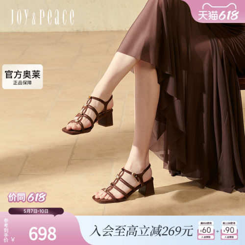 真美诗许愿石2025夏季新款虎眼石编织细带粗跟罗马凉鞋女Y1H02BL5