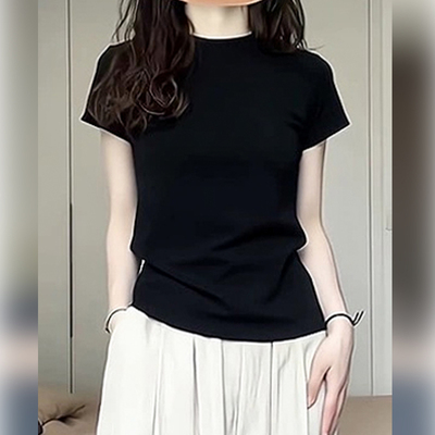 美式黑色正肩女T恤夏季设