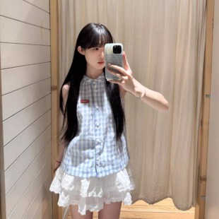 高级感名媛气质独特休闲百搭上衣 港风chic蓝色格子纽扣背心女夏季