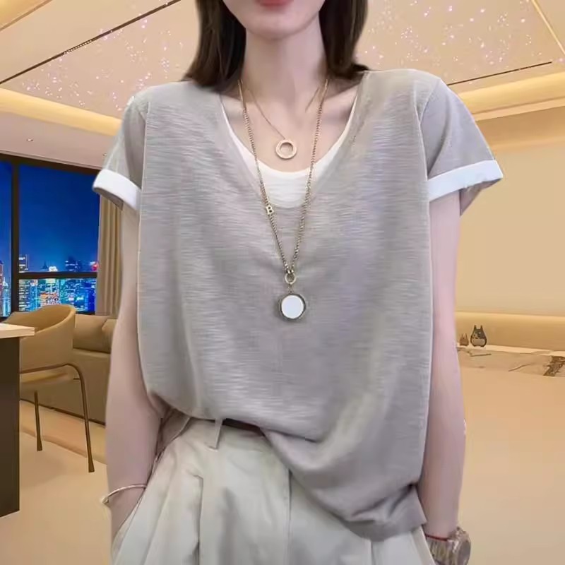 大码纯棉假两件短袖t恤女2025夏新款胖mm显瘦独特超好看单穿上衣