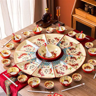高档餐具碗碟套装 陶瓷 餐具过年圆桌扇形盘子菜盘家用网红中式 中式