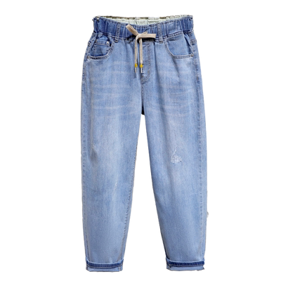 大码薄款破洞松紧腰哈伦裤