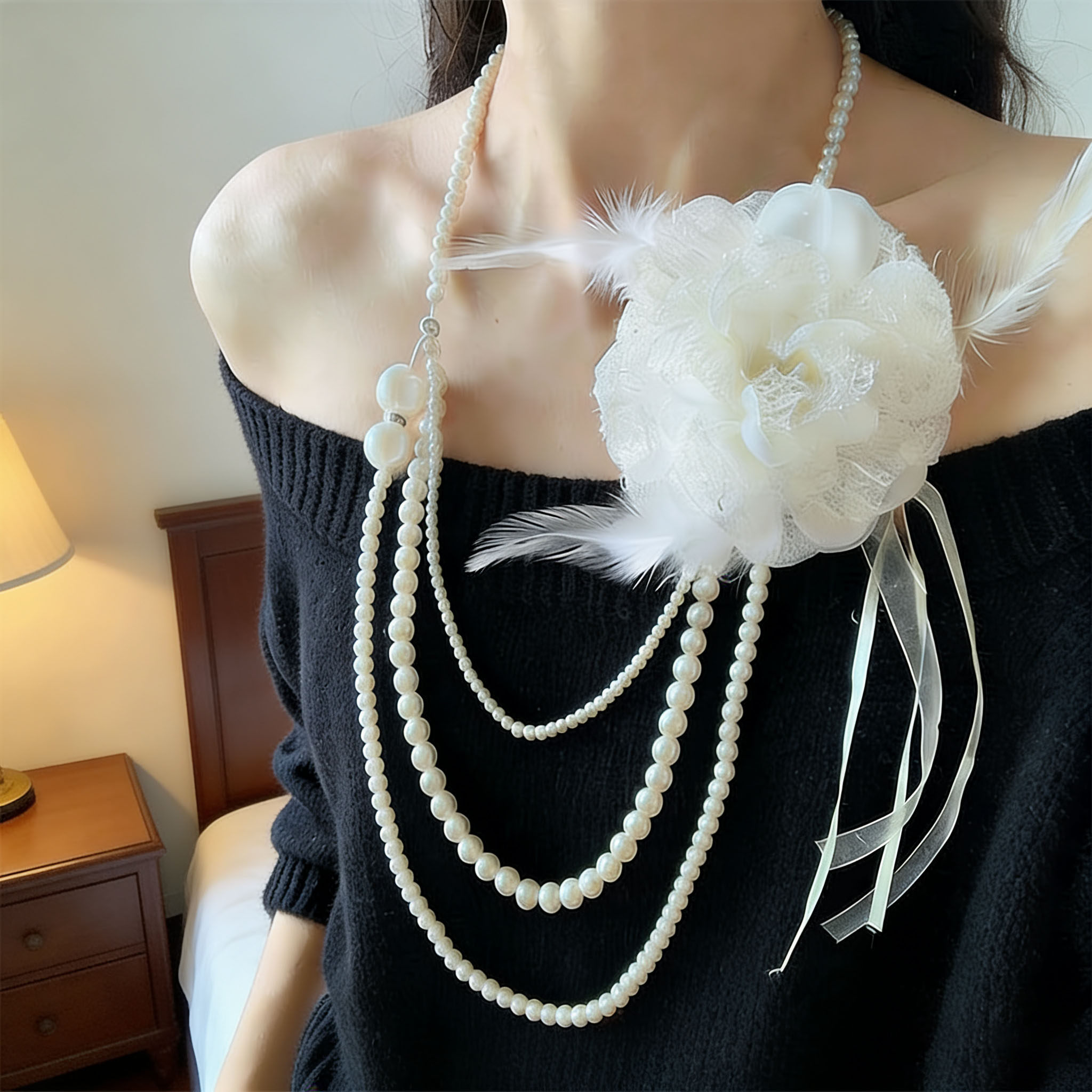 古典夸张蕾丝花珍珠串珠项链女长款叠戴时髦轻奢高级可拆卸毛衣链