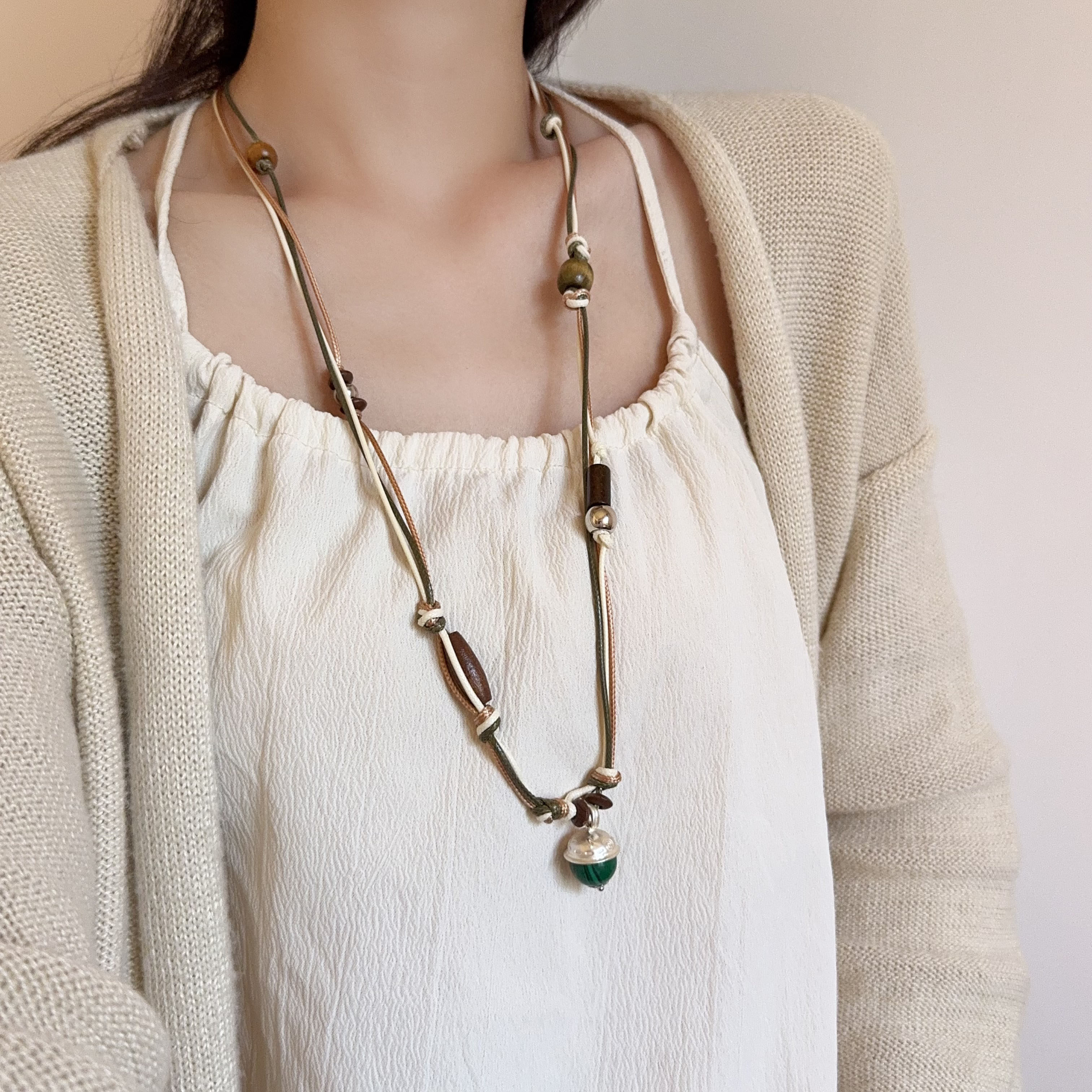 民族风绿色榛果串珠项链长款编织