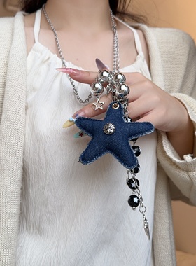 牛仔蓝布艺星星串珠吊坠项链长女