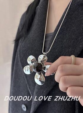金属冷淡风银色大花朵长链项链女