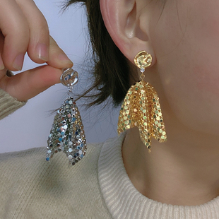 金属亮片流苏耳环女潮高级感镶钻几何法式无耳洞耳夹耳钉