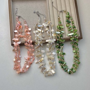 夸张叠戴三层彩色祖母绿贝壳片异形水晶串珠项链女波西米亚风颈链