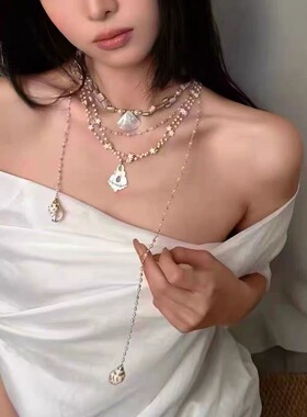多层叠戴星星贝壳流苏吊坠项链女