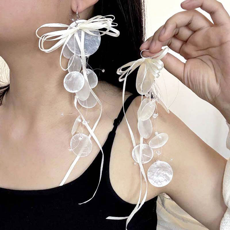 白色圆片长款丝带流苏耳环耳饰女耳夹无耳洞新款小众夸张新娘耳坠