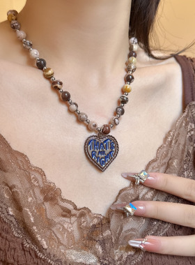 天然石串珠字母爱心吊坠甜酷项链