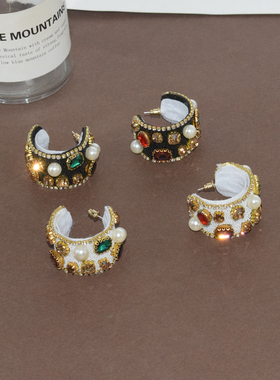 2021新款潮复古水钻闪耳环欧美气质优雅C圈耳钉女大耳饰