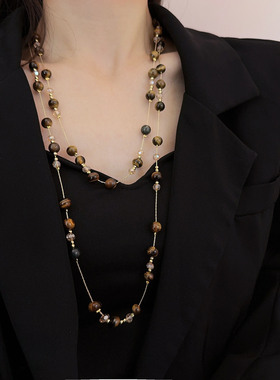 复古美拉德虎眼石双层串珠项链长