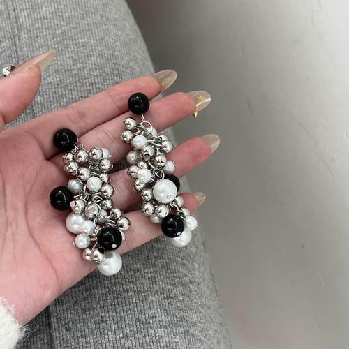 夸张珍珠女金属拼色串珠流苏耳环