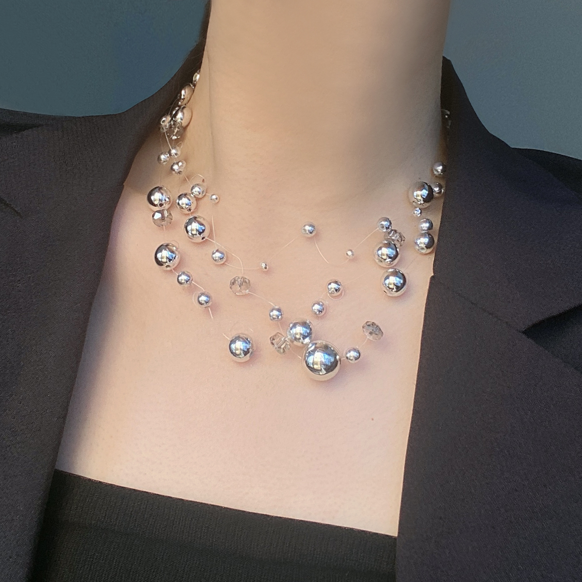 金属多层女满天星珍珠项链锁骨链