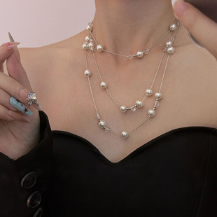 双层叠戴白色串珠珍珠毛衣链长款小众高级感时髦百搭项链气质配饰
