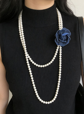 蓝色山茶花双层珍珠串珠项链女款