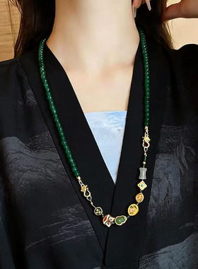 新中式珐琅醒狮绿色圆珠串珠项链