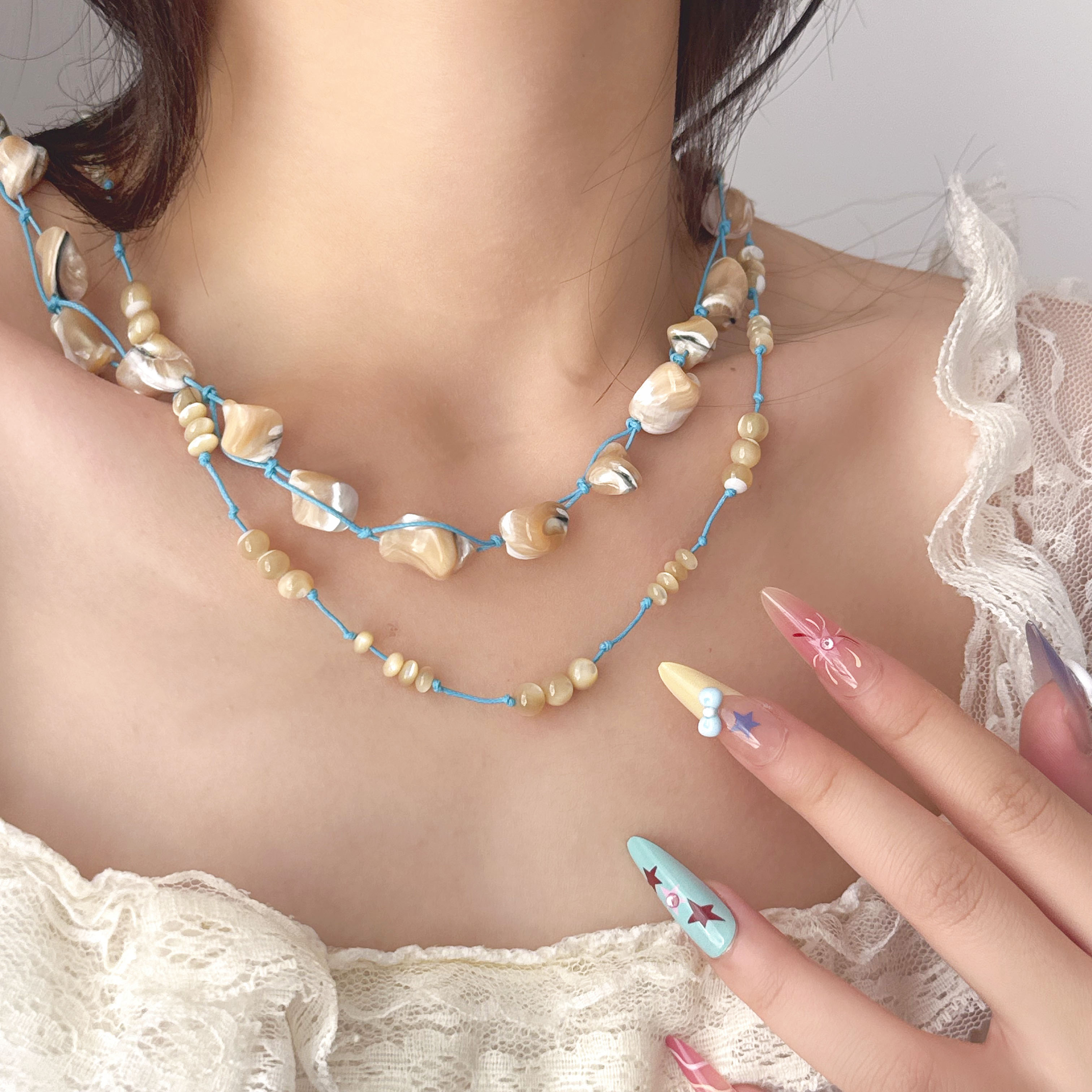天然石贝壳串珠项链女锁骨链颈链