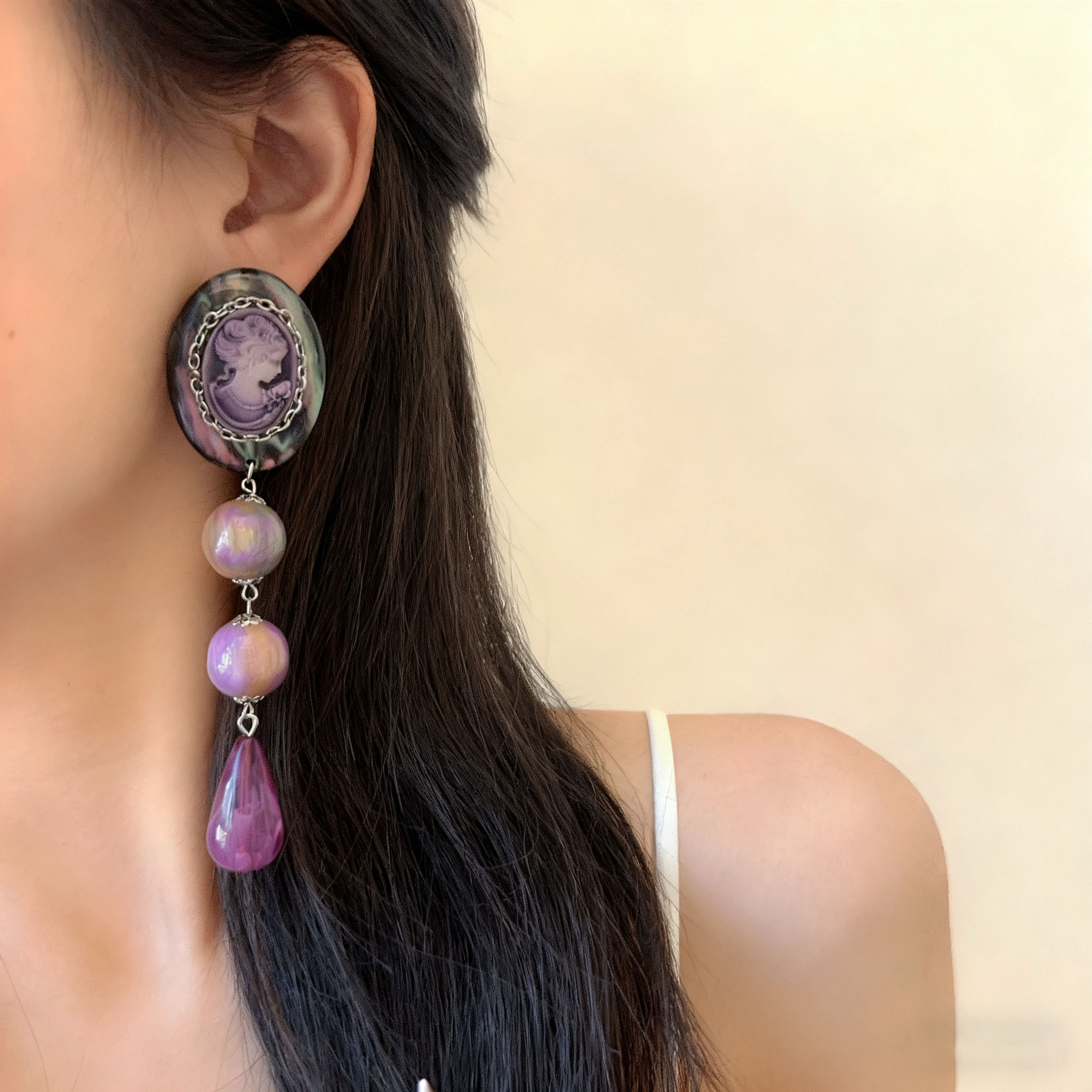 紫色椭圆美女头像水滴吊坠耳环女