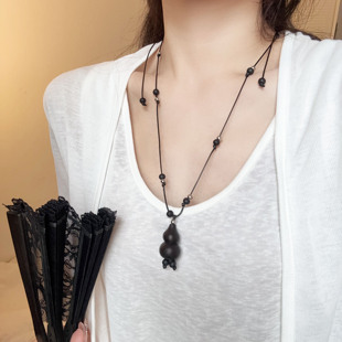 中式复古立体葫芦天然石黑绳项链长款女气质时尚百搭颈链毛衣链潮