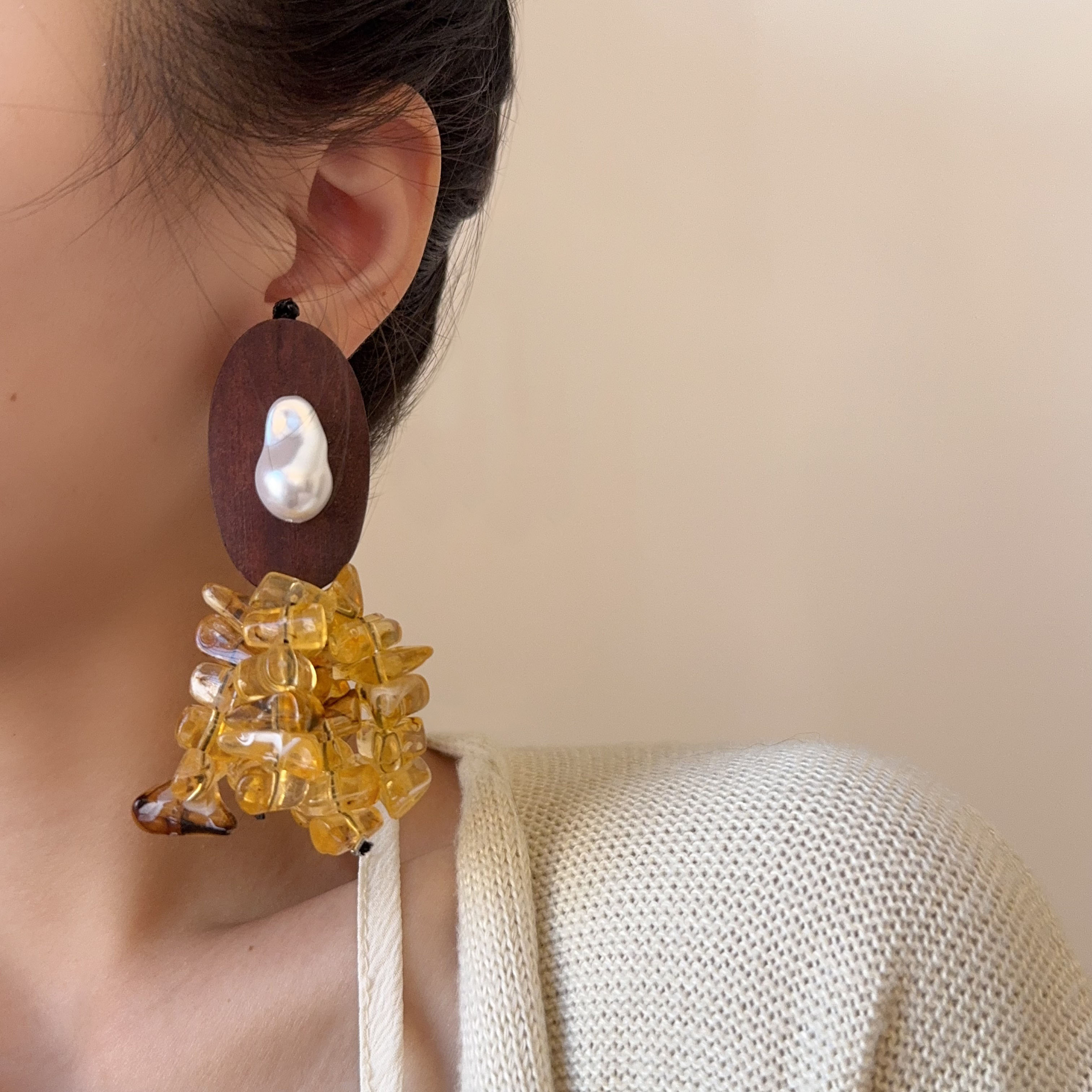 黄水晶拼接流苏异形珍珠耳环耳坠