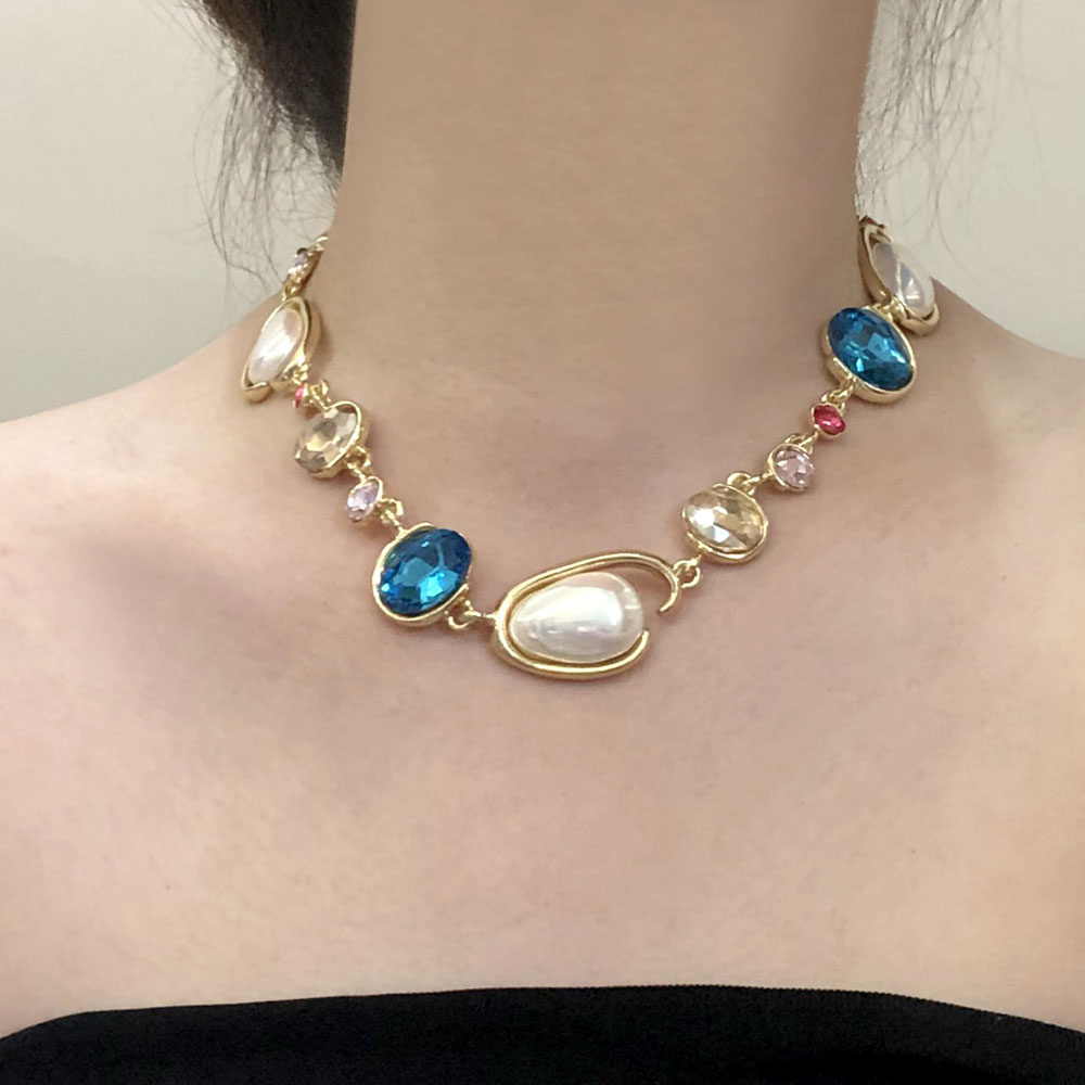 欧美复古彩色宝石几何珍珠项链女