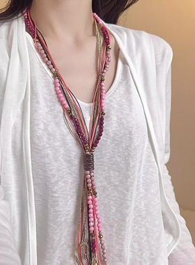 民族风编织皮质小流苏长款项链女