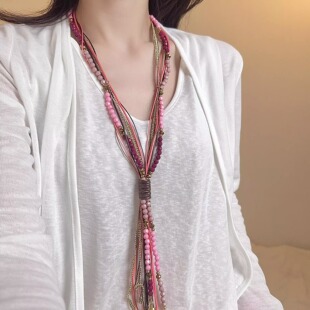 民族风编织皮质小流苏长款项链多层串珠手工时尚度假风毛衣链配饰