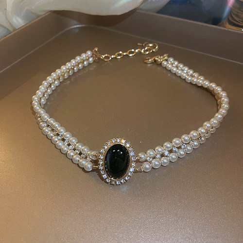 金属珍珠双层女镶钻choker项链