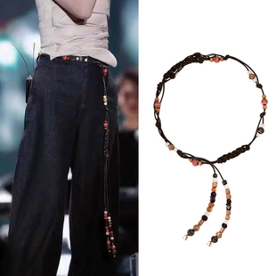 薛凯琪同款橙黄皮绳串珠腰链腰带女波西米亚民族风编绳腰部配饰潮