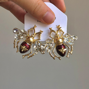 高级感复古vintage金属镶钻夸张蜜蜂耳环女港风小众礼服走秀耳钉