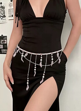 多层珍珠串珠粉色花瓣流苏腰链女