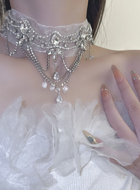 轻奢时髦蕾丝超闪水钻流苏项链女