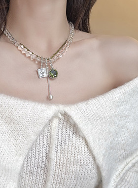 双层水晶串珠绿水晶吊坠轻奢项链
