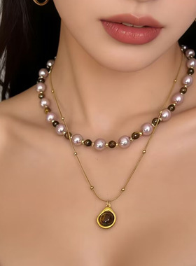 美拉德棕色虎眼石串珠吊坠项链女